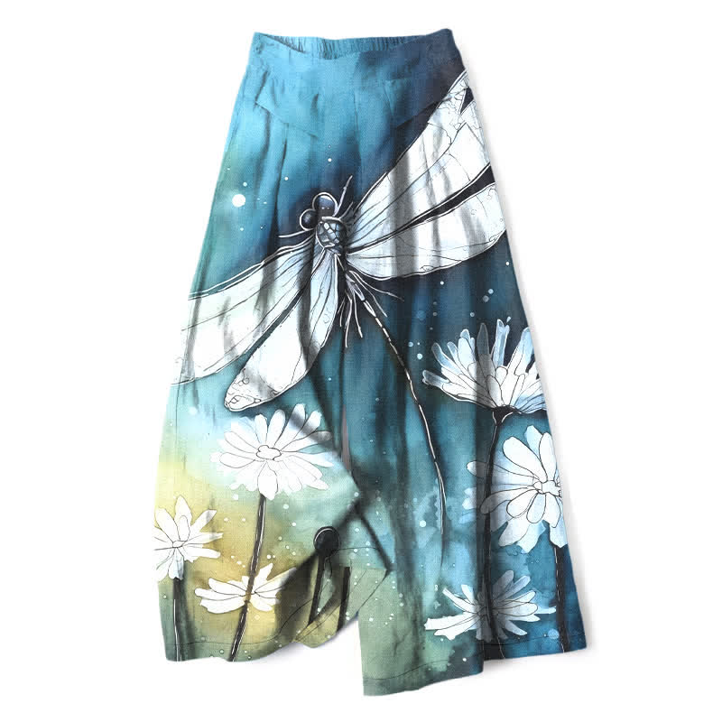 Buddha Stones Pantalones de mujer de algodón y lino con estampado de libélulas y margaritas, cintura elástica, pernera ancha y bolsillos. - Azul cielo claro - US16，UK/AU20，EU48 (3XL) - image 0