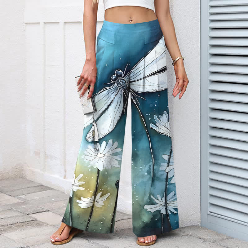 Buddha Stones Pantalones de mujer de algodón y lino con estampado de libélulas y margaritas, cintura elástica, pernera ancha y bolsillos. - image 1