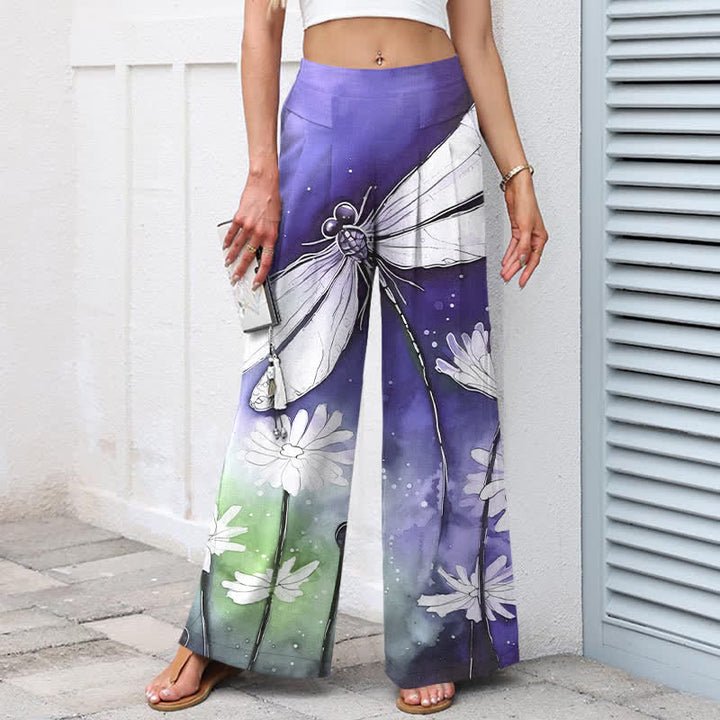 Buddha Stones Pantalones de mujer de algodón y lino con estampado de libélulas y margaritas, cintura elástica, pernera ancha y bolsillos. - image 5