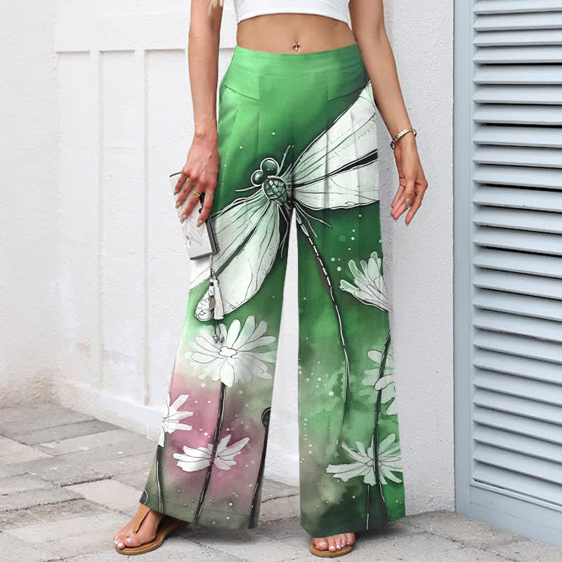 Buddha Stones Pantalones de mujer de algodón y lino con estampado de libélulas y margaritas, cintura elástica, pernera ancha y bolsillos. - image 7