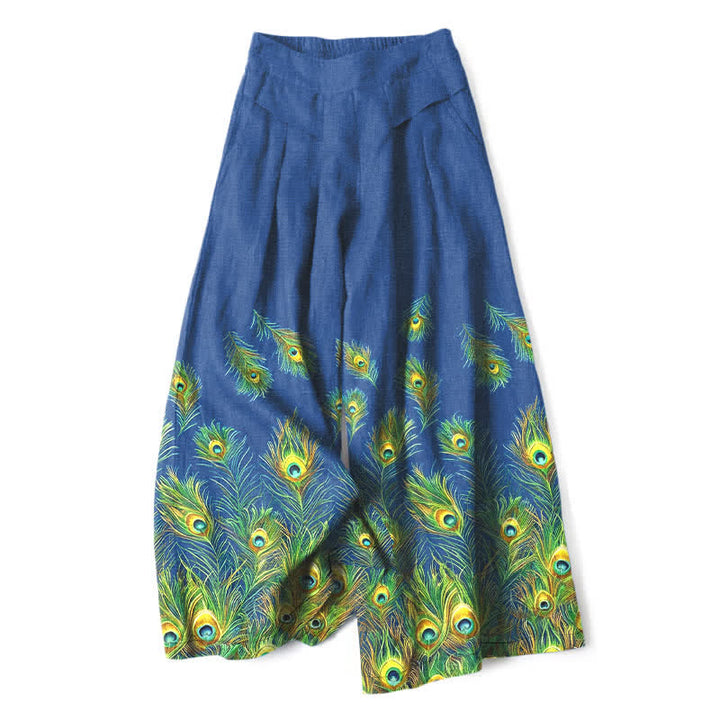 Buddha Stones Pantalones de mujer de algodón y lino con estampado de plumas de pavo real, cintura elástica y pernera ancha con bolsillos. - Azul real - US16，UK/AU20，EU48 (3XL) - image 0
