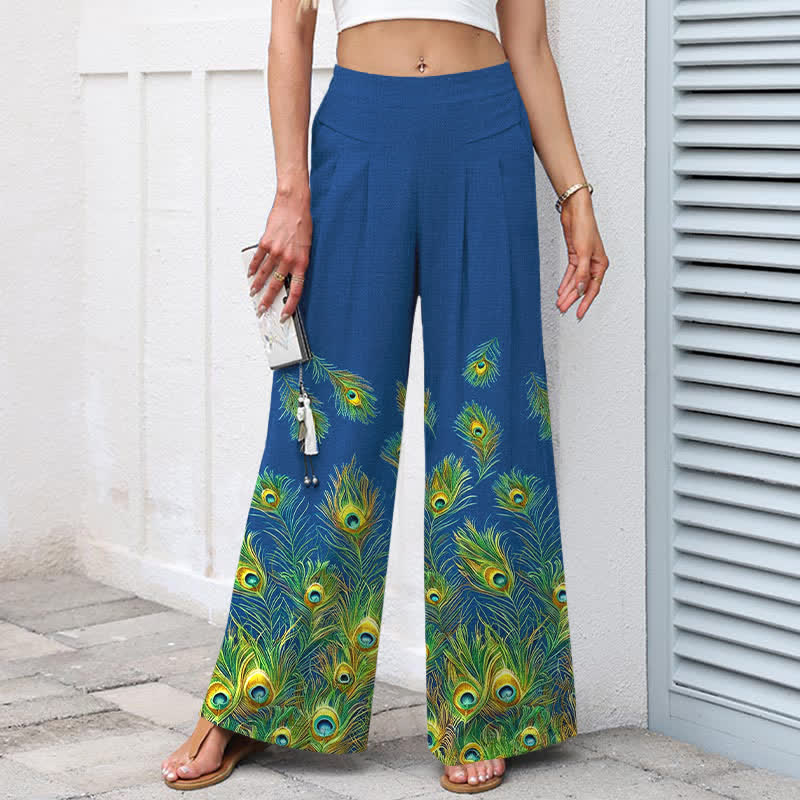 Buddha Stones Pantalones de mujer de algodón y lino con estampado de plumas de pavo real, cintura elástica y pernera ancha con bolsillos. - image 1