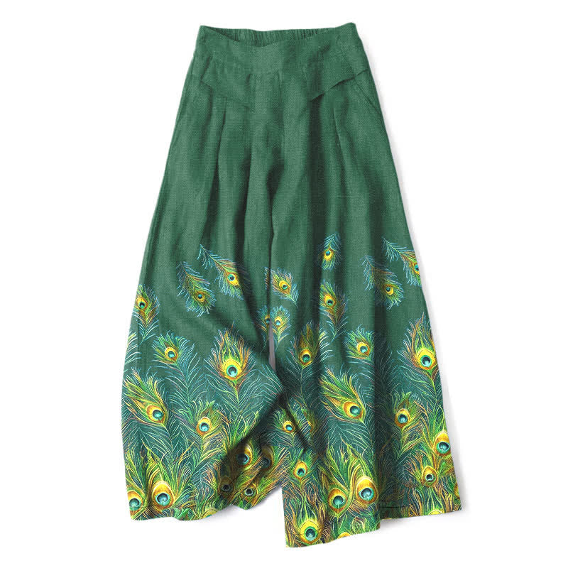 Buddha Stones Pantalones de mujer de algodón y lino con estampado de plumas de pavo real, cintura elástica y pernera ancha con bolsillos. - Verde bosque - US16，UK/AU20，EU48 (3XL) - image 4