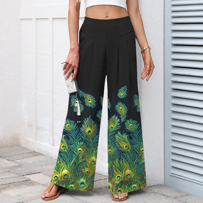 Buddha Stones Pantalones de mujer de algodón y lino con estampado de plumas de pavo real, cintura elástica y pernera ancha con bolsillos. - image 7