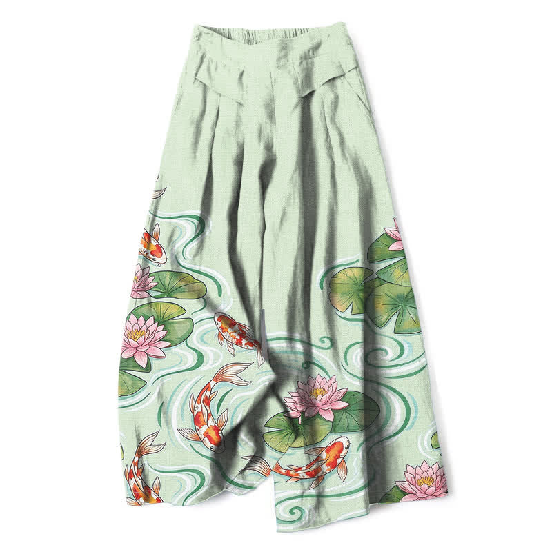 Buddha Stones Pantalones de mujer de lino y algodón con estampado de peces koi y estanque de lotos rosas, cintura elástica, pernera ancha y bolsillos. - Crema de menta - US16，UK/AU20，EU48 (3XL) - image 4