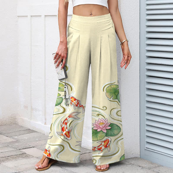 Buddha Stones Pantalones de mujer de lino y algodón con estampado de peces koi y estanque de lotos rosas, cintura elástica, pernera ancha y bolsillos. - image 7