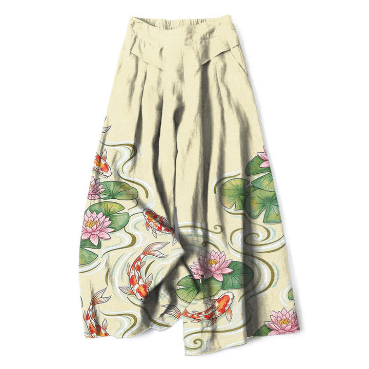Buddha Stones Pantalones de mujer de lino y algodón con estampado de peces koi y estanque de lotos rosas, cintura elástica, pernera ancha y bolsillos. - seda de maíz - US16，UK/AU20，EU48 (3XL) - image 6