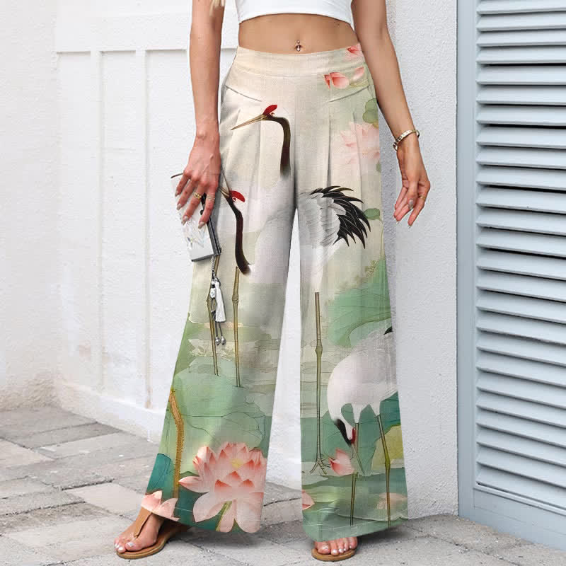Buddha Stones Pantalones de mujer de algodón y lino con estampado de grullas y lotos, cintura elástica, pernera ancha y bolsillos. - image 1