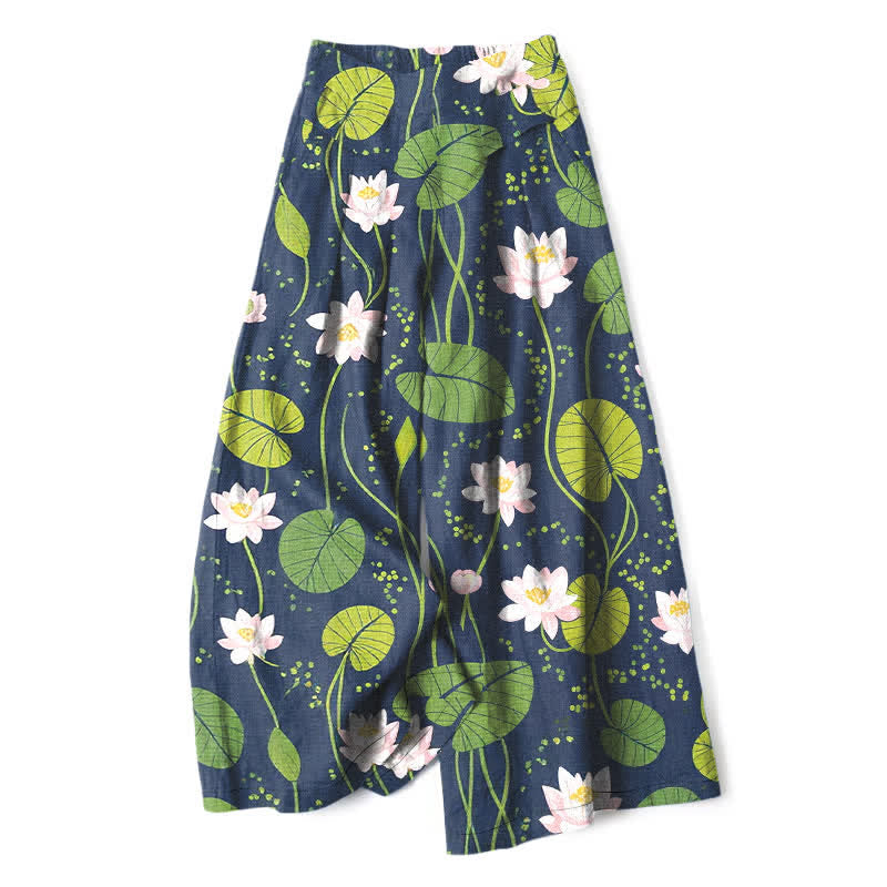 Buddha Stones Pantalones de mujer de algodón y lino con estampado de hojas de loto en color verde, cintura elástica y pernera ancha con bolsillos. - Marina de guerra - US16，UK/AU20，EU48 (3XL) - image 0