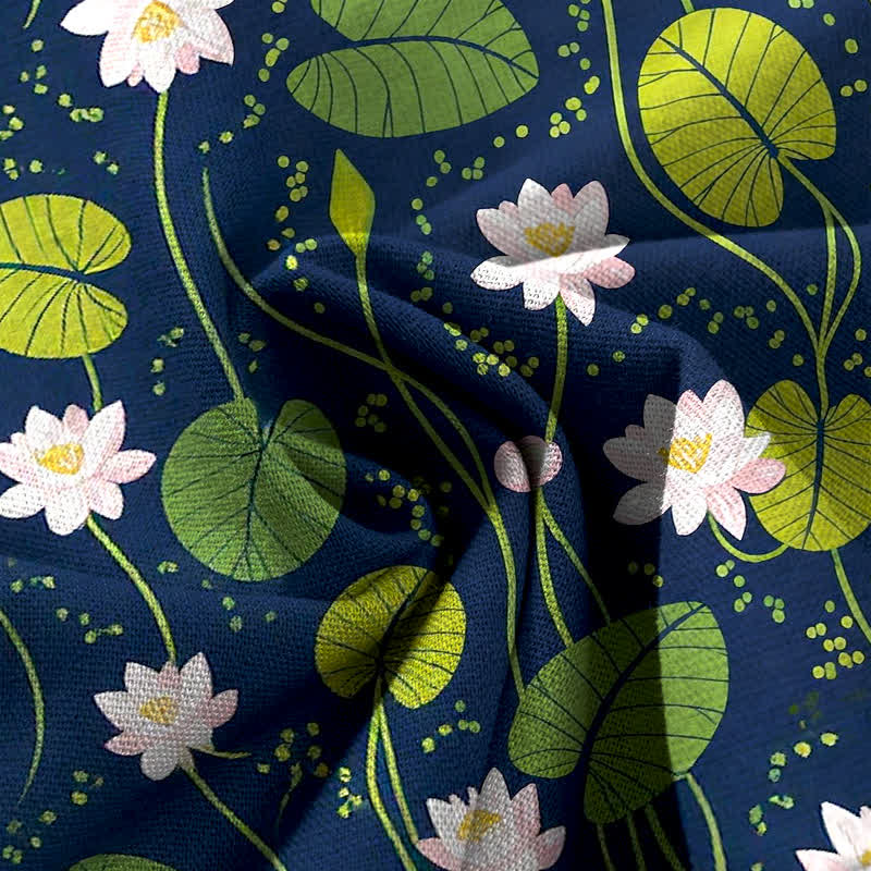 Buddha Stones Pantalones de mujer de algodón y lino con estampado de hojas de loto en color verde, cintura elástica y pernera ancha con bolsillos. - image 3