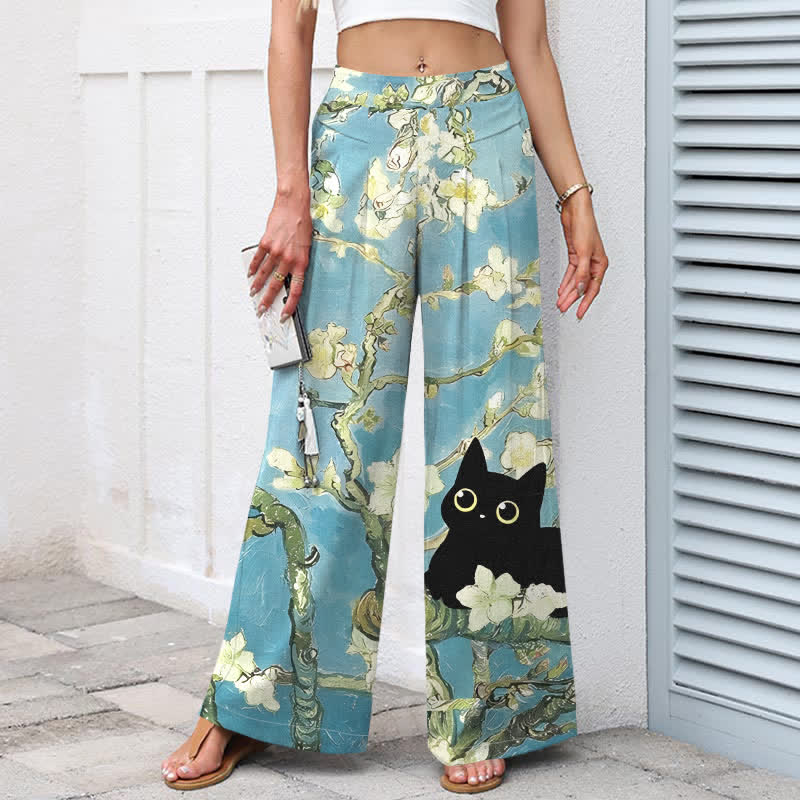 Buddha Stones Pantalones de mujer de algodón y lino con estampado floral azul de gatos, cintura elástica y pernera ancha con bolsillos. - image 1