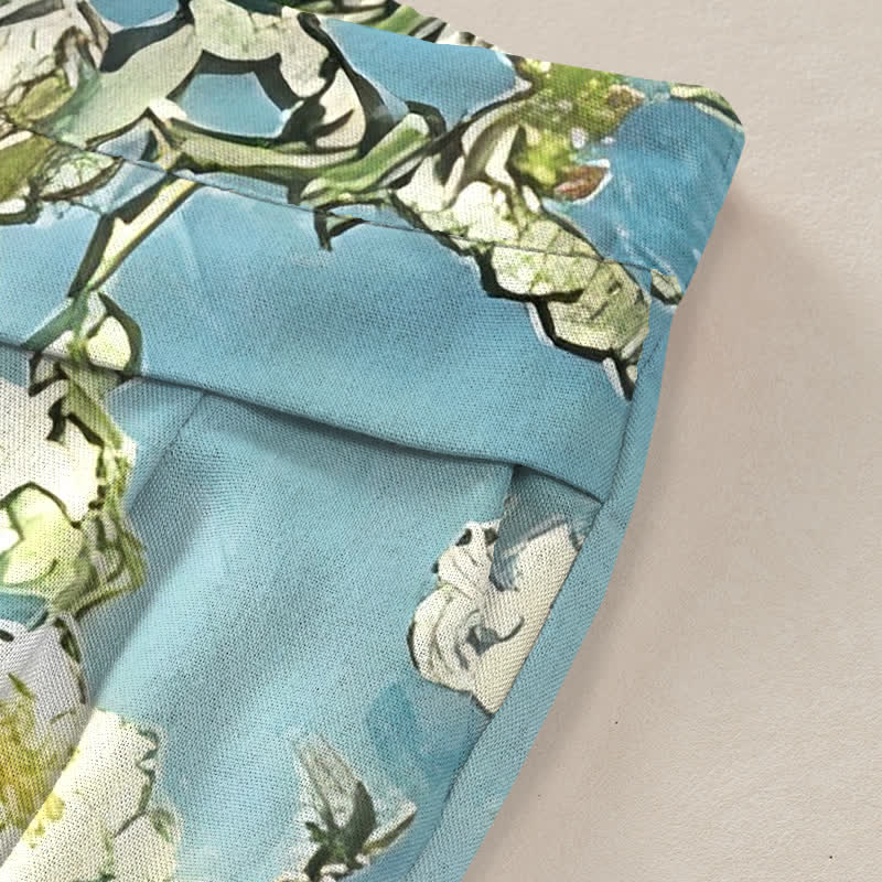 Buddha Stones Pantalones de mujer de algodón y lino con estampado floral azul de gatos, cintura elástica y pernera ancha con bolsillos. - image 2