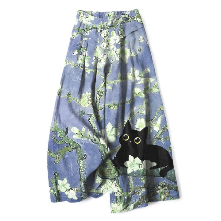 Buddha Stones Pantalones de mujer de algodón y lino con estampado floral azul de gatos, cintura elástica y pernera ancha con bolsillos. - Azul pizarra medio - US16，UK/AU20，EU48 (3XL) - image 4