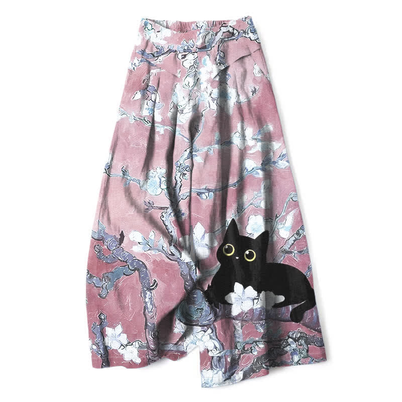 Buddha Stones Pantalones de mujer de algodón y lino con estampado floral azul de gatos, cintura elástica y pernera ancha con bolsillos. - rosa claro - US16，UK/AU20，EU48 (3XL) - image 6