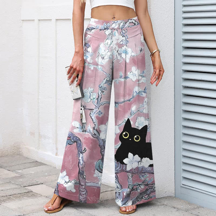 Buddha Stones Pantalones de mujer de algodón y lino con estampado floral azul de gatos, cintura elástica y pernera ancha con bolsillos. - image 7