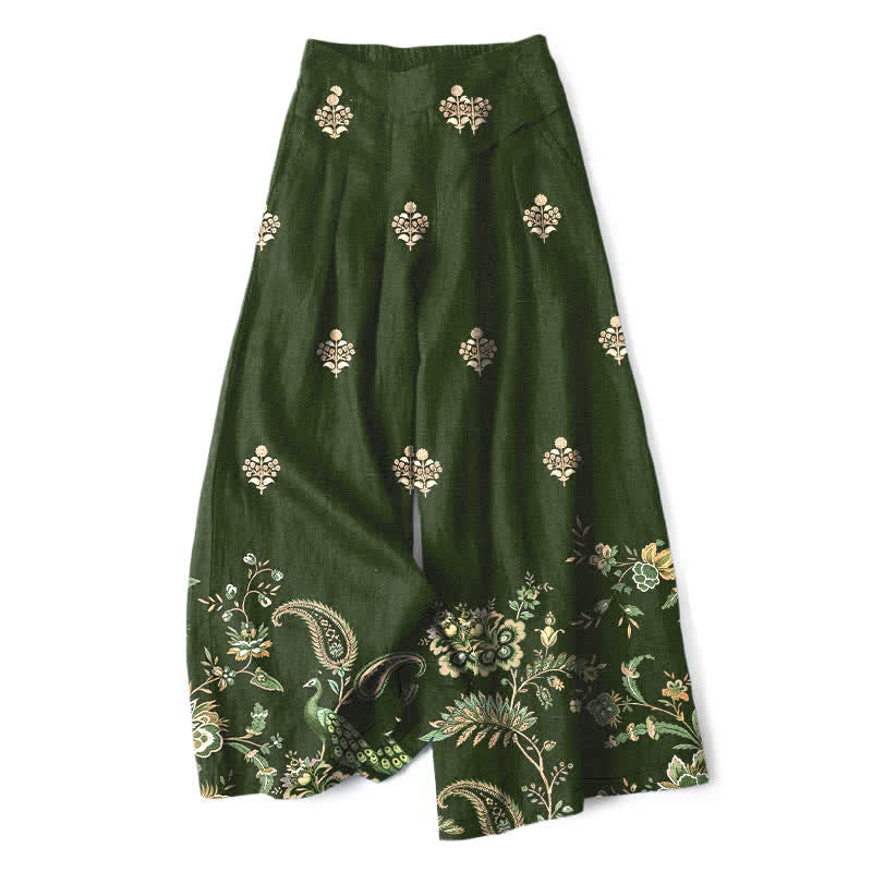Buddha Stones Pantalones de mujer de algodón y lino con estampado floral bohemio tipo cachemir, pernera ancha, cintura elástica y bolsillos. - Verde oliva oscuro - US16，UK/AU20，EU48 (3XL) - image 0
