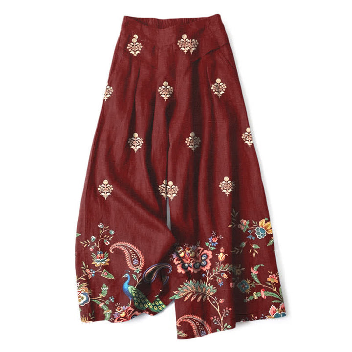 Buddha Stones Pantalones de mujer de algodón y lino con estampado floral bohemio tipo cachemir, pernera ancha, cintura elástica y bolsillos. - Granate - US16，UK/AU20，EU48 (3XL) - image 4