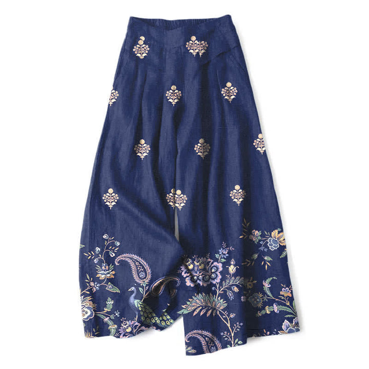 Buddha Stones Pantalones de mujer de algodón y lino con estampado floral bohemio tipo cachemir, pernera ancha, cintura elástica y bolsillos. - Marina de guerra - US16，UK/AU20，EU48 (3XL) - image 6