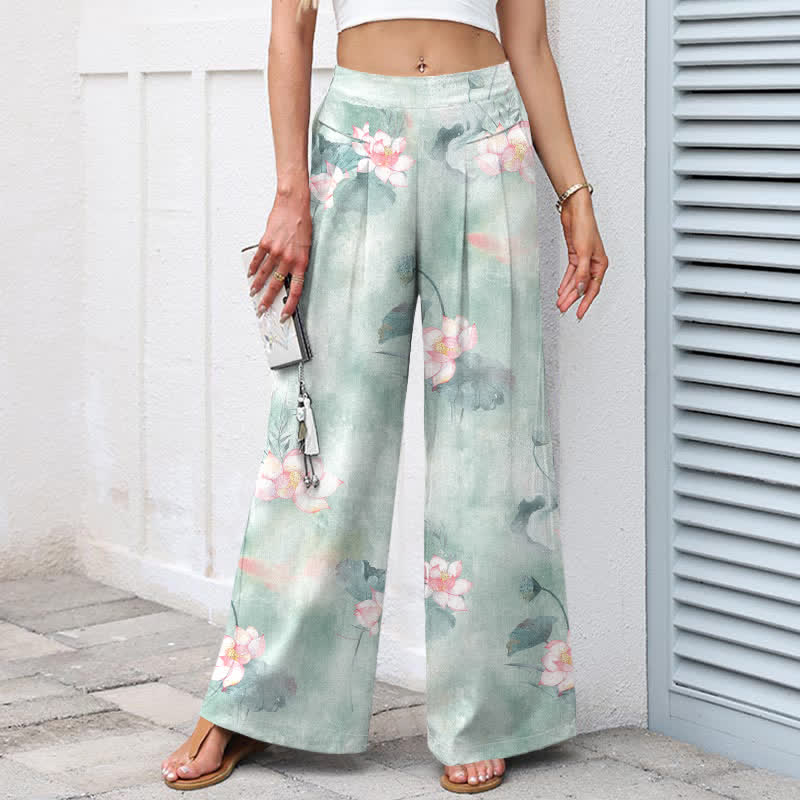 Buddha Stones Pantalones de mujer de algodón y lino con estampado floral de hojas de loto en acuarela, cintura elástica y pernera ancha con bolsillos. - image 1