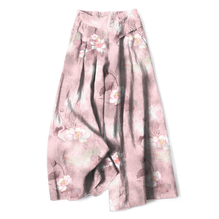Buddha Stones Pantalones de mujer de algodón y lino con estampado floral de hojas de loto en acuarela, cintura elástica y pernera ancha con bolsillos. - rosa claro - US16，UK/AU20，EU48 (3XL) - image 4