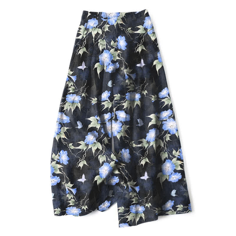 Buddha Stones Pantalones de mujer de lino y algodón con estampado floral azul y hojas, cintura elástica, pernera ancha y bolsillos. - Azul aciano - US16，UK/AU20，EU48 (3XL) - image 0
