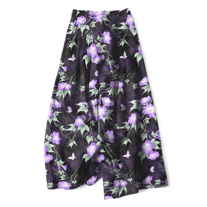 Buddha Stones Pantalones de mujer de lino y algodón con estampado floral azul y hojas, cintura elástica, pernera ancha y bolsillos. - Orquídea mediana - US16，UK/AU20，EU48 (3XL) - image 4