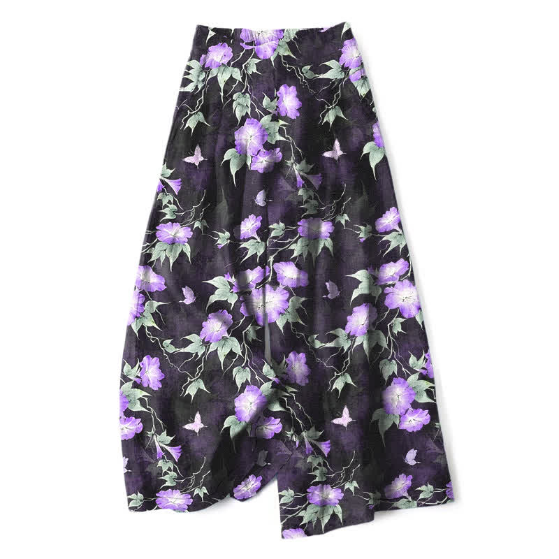 Buddha Stones Pantalones de mujer de lino y algodón con estampado floral azul y hojas, cintura elástica, pernera ancha y bolsillos. - Orquídea mediana - US16，UK/AU20，EU48 (3XL) - image 4