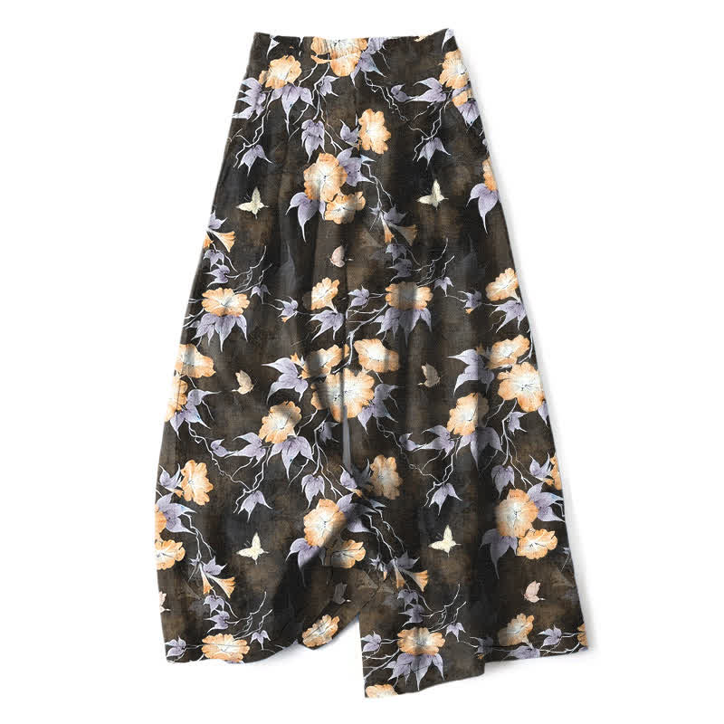 Buddha Stones Pantalones de mujer de lino y algodón con estampado floral azul y hojas, cintura elástica, pernera ancha y bolsillos. - vara de oro - US16，UK/AU20，EU48 (3XL) - image 6