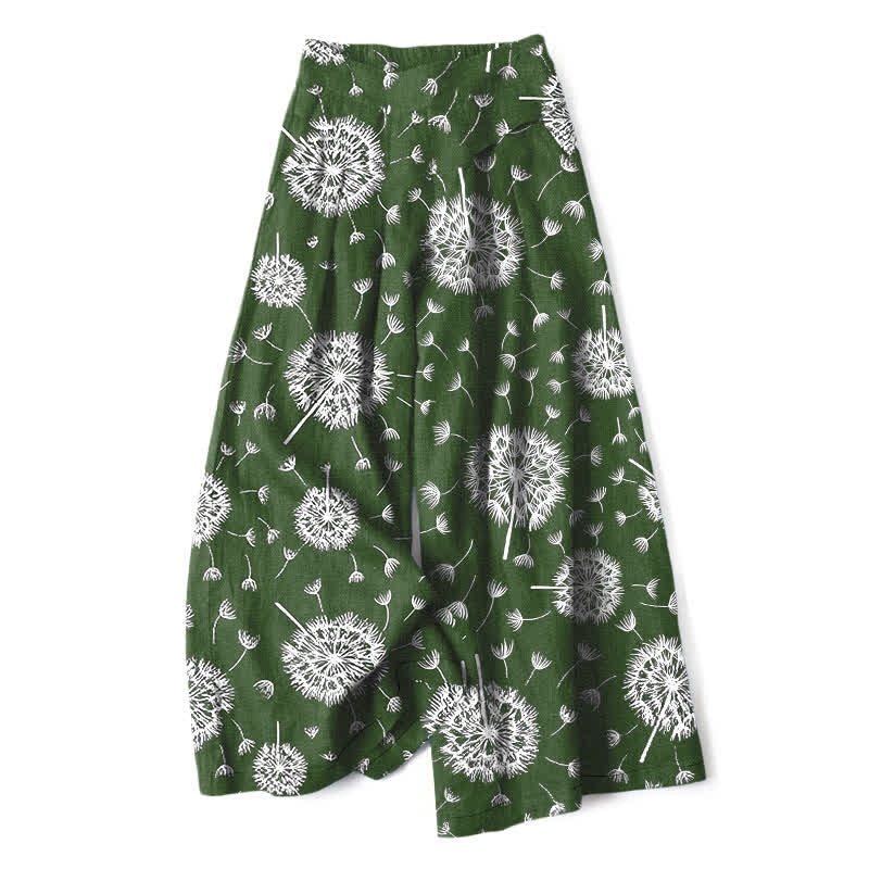 Buddha Stones Pantalones de mujer de algodón y lino con estampado de diente de león blanco, cintura elástica, pernera ancha y bolsillos. - Verde bosque - US16，UK/AU20，EU48 (3XL) - image 4
