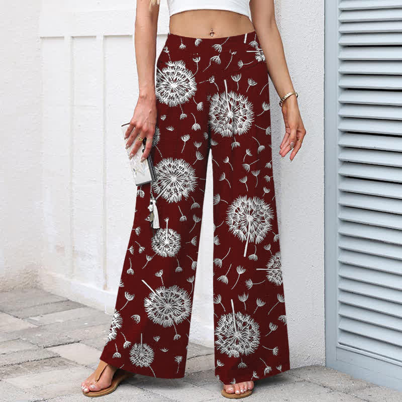 Buddha Stones Pantalones de mujer de algodón y lino con estampado de diente de león blanco, cintura elástica, pernera ancha y bolsillos. - image 7