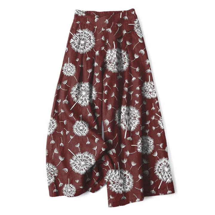 Buddha Stones Pantalones de mujer de algodón y lino con estampado de diente de león blanco, cintura elástica, pernera ancha y bolsillos. - Granate - US16，UK/AU20，EU48 (3XL) - image 6