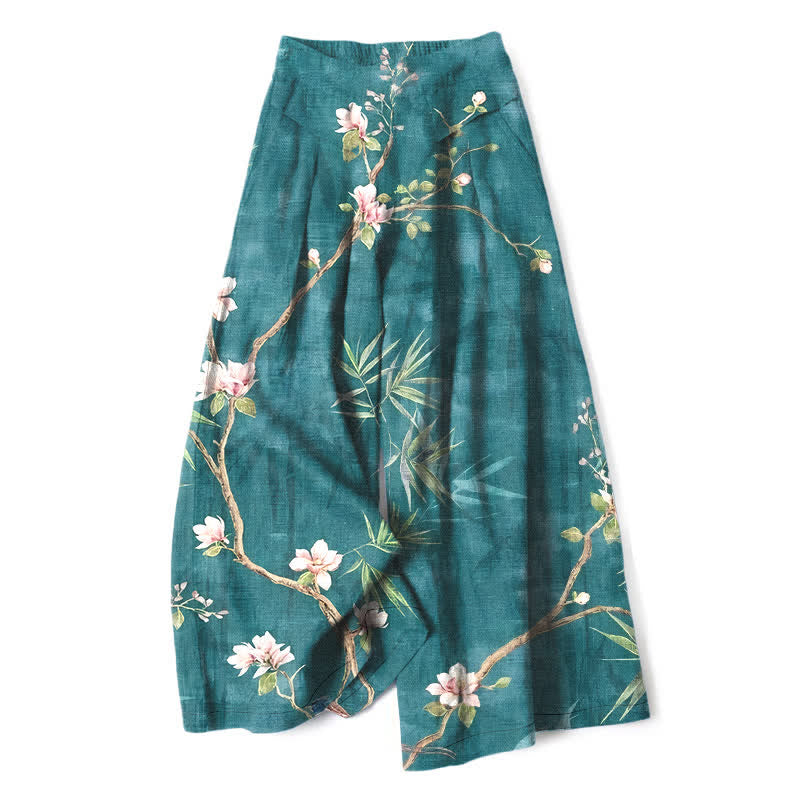 Buddha Stones Pantalones de mujer de algodón y lino con estampado floral oriental en rosa claro, cintura elástica y pernera ancha con bolsillos. - Verde azulado - US16，UK/AU20，EU48 (3XL) - image 0