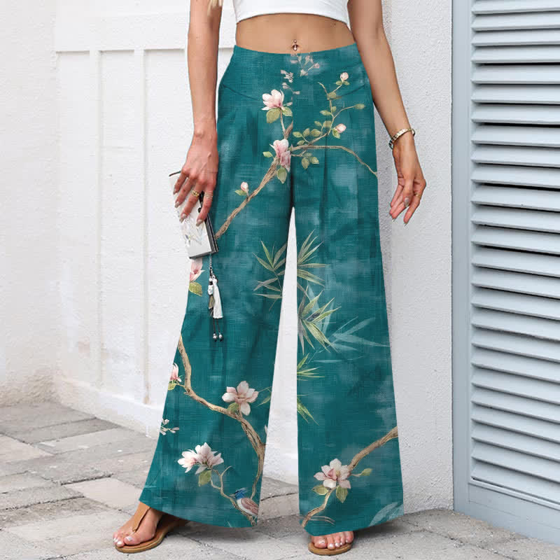Buddha Stones Pantalones de mujer de algodón y lino con estampado floral oriental en rosa claro, cintura elástica y pernera ancha con bolsillos. - image 1