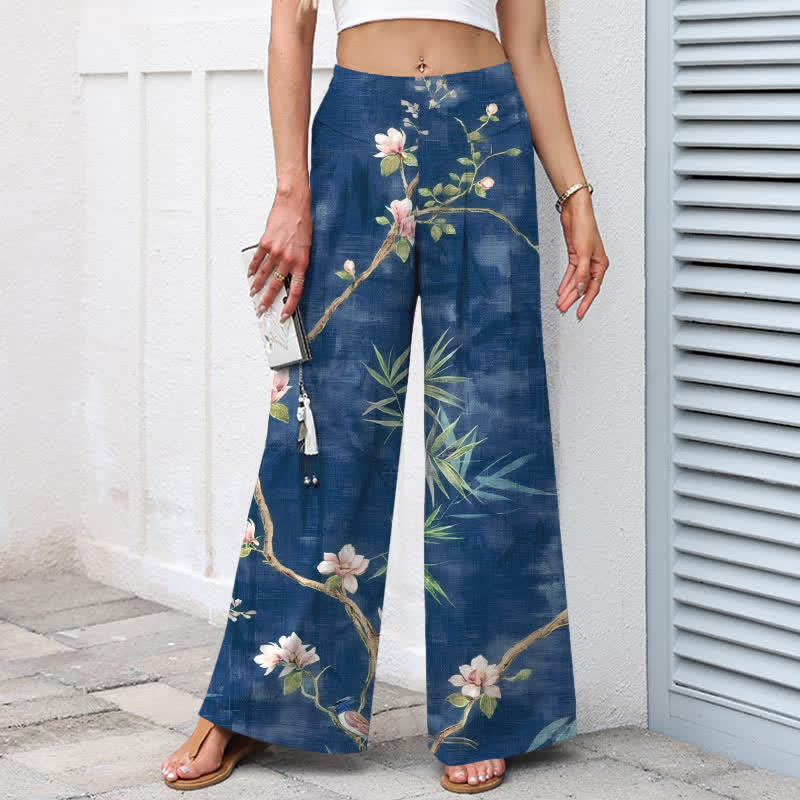 Buddha Stones Pantalones de mujer de algodón y lino con estampado floral oriental en rosa claro, cintura elástica y pernera ancha con bolsillos. - image 5