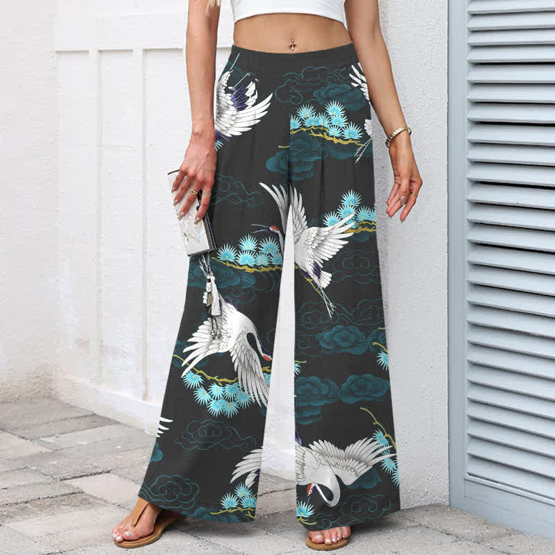 Buddha Stones Pantalones de mujer de lino y algodón con estampado de grullas blancas, nubes auspiciosas y pinos, cintura elástica, pernera ancha y bolsillos. - image 1