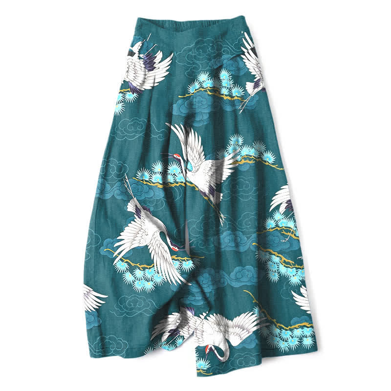 Buddha Stones Pantalones de mujer de lino y algodón con estampado de grullas blancas, nubes auspiciosas y pinos, cintura elástica, pernera ancha y bolsillos. - Verde azulado - US16，UK/AU20，EU48 (3XL) - image 4