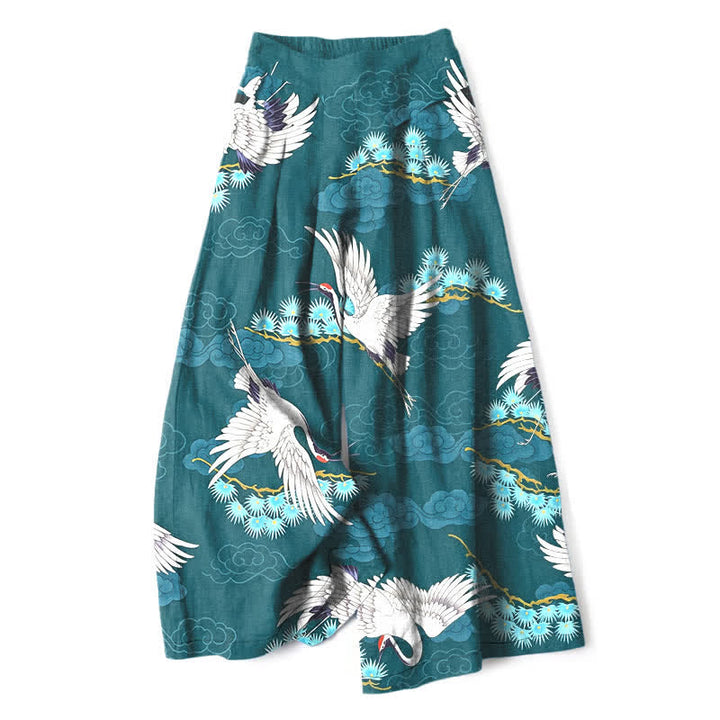 Buddha Stones Pantalones de mujer de lino y algodón con estampado de grullas blancas, nubes auspiciosas y pinos, cintura elástica, pernera ancha y bolsillos. - Verde azulado - US16，UK/AU20，EU48 (3XL) - image 4