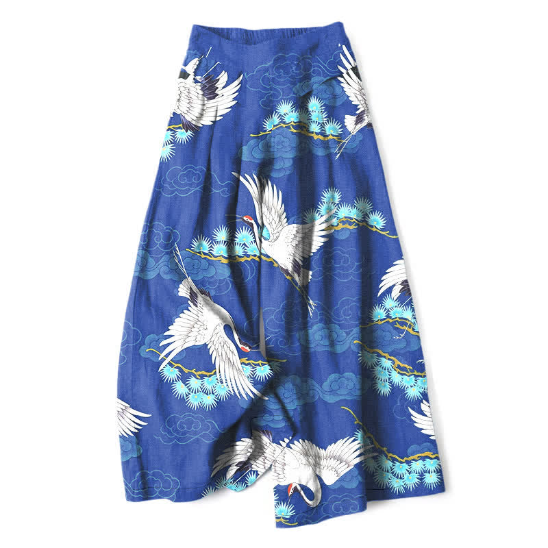Buddha Stones Pantalones de mujer de lino y algodón con estampado de grullas blancas, nubes auspiciosas y pinos, cintura elástica, pernera ancha y bolsillos. - Azul real - US16，UK/AU20，EU48 (3XL) - image 6
