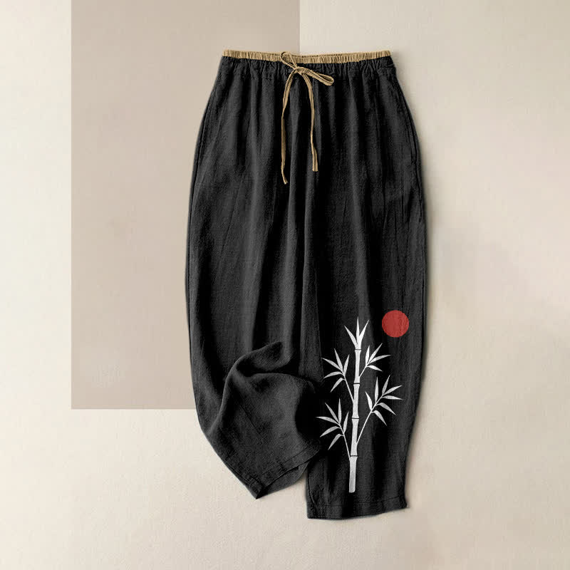 Buddha Stones Pantalones de mujer de algodón con estampado de bambú Zen, cintura elástica y bolsillos. - Negro - US16，UK/AU20，EU48 (3XL) - image 0