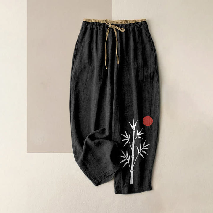 Buddha Stones Pantalones de mujer de algodón con estampado de bambú Zen, cintura elástica y bolsillos. - Negro - US16，UK/AU20，EU48 (3XL) - image 0