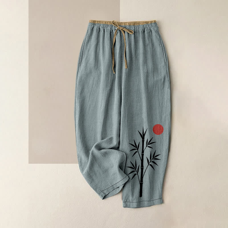Buddha Stones Pantalones de mujer de algodón con estampado de bambú Zen, cintura elástica y bolsillos. - Azul cadete - US16，UK/AU20，EU48 (3XL) - image 8