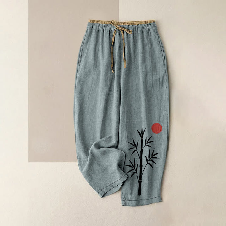 Buddha Stones Pantalones de mujer de algodón con estampado de bambú Zen, cintura elástica y bolsillos. - Azul cadete - US16，UK/AU20，EU48 (3XL) - image 8