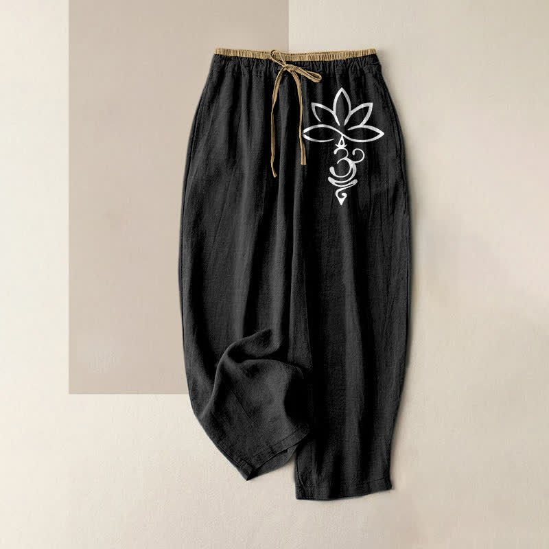 Buddha Stones Pantalones de mujer de algodón puro con estampado Lotus Om, cintura elástica y bolsillos. - Negro - US16，UK/AU20，EU48 (3XL) - image 0