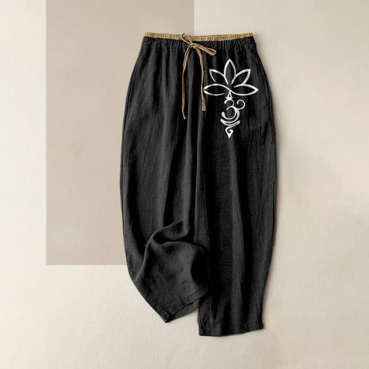 Buddha Stones Pantalones de mujer de algodón puro con estampado Lotus Om, cintura elástica y bolsillos. - Negro - US16，UK/AU20，EU48 (3XL) - image 0