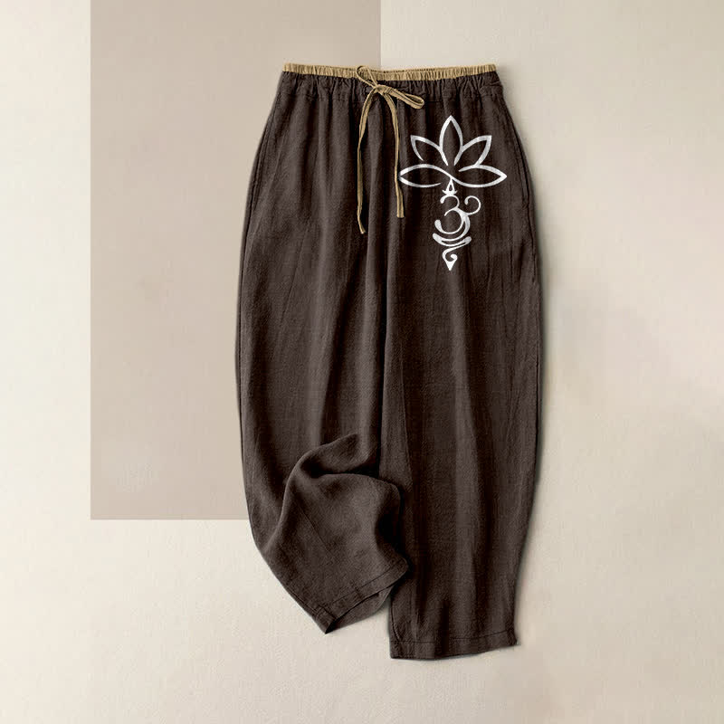 Buddha Stones Pantalones de mujer de algodón puro con estampado Lotus Om, cintura elástica y bolsillos. - Marrón silla de montar - US16，UK/AU20，EU48 (3XL) - image 8