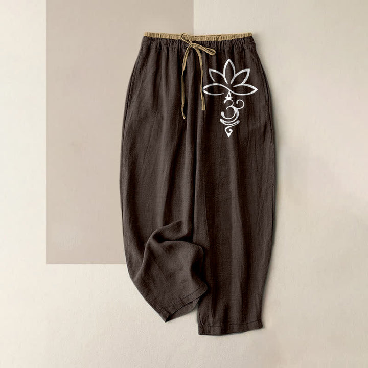 Buddha Stones Pantalones de mujer de algodón puro con estampado Lotus Om, cintura elástica y bolsillos. - Marrón silla de montar - US16，UK/AU20，EU48 (3XL) - image 8