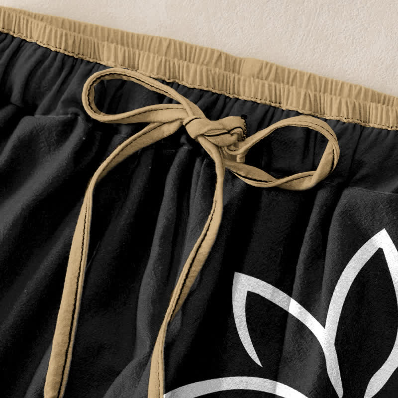 Buddha Stones Pantalones de mujer de algodón puro con estampado Lotus Om, cintura elástica y bolsillos. - image 1