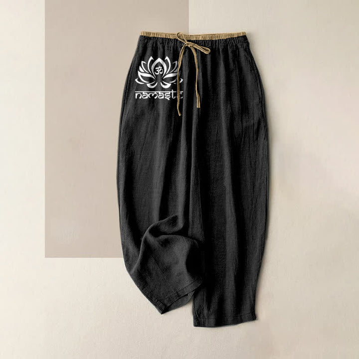 Buddha Stones Pantalones de mujer de algodón puro con estampado Namaste Lotus, cintura elástica y bolsillos. - Negro - US16，UK/AU20，EU48 (3XL) - image 0