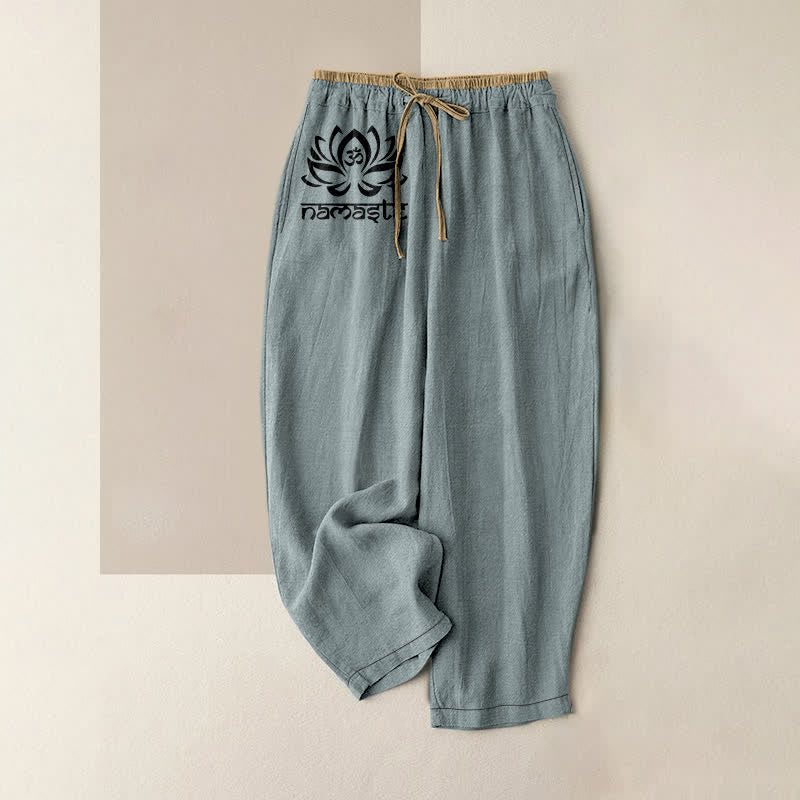 Buddha Stones Pantalones de mujer de algodón puro con estampado Namaste Lotus, cintura elástica y bolsillos. - Azul cadete - US16，UK/AU20，EU48 (3XL) - image 8