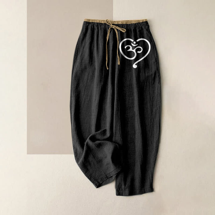 Buddha Stones Pantalones de mujer de algodón puro con estampado de corazón Zen Om y cintura elástica con bolsillos. - Negro - US16，UK/AU20，EU48 (3XL) - image 0